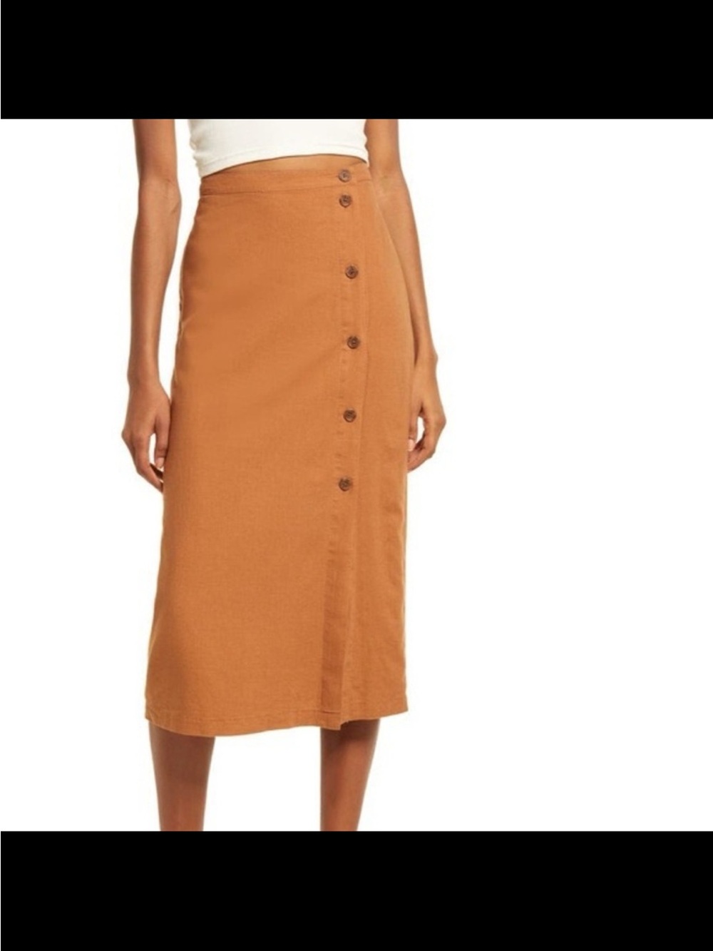 High-Waist Button-Front linen Blend Midi Skirt in Camel